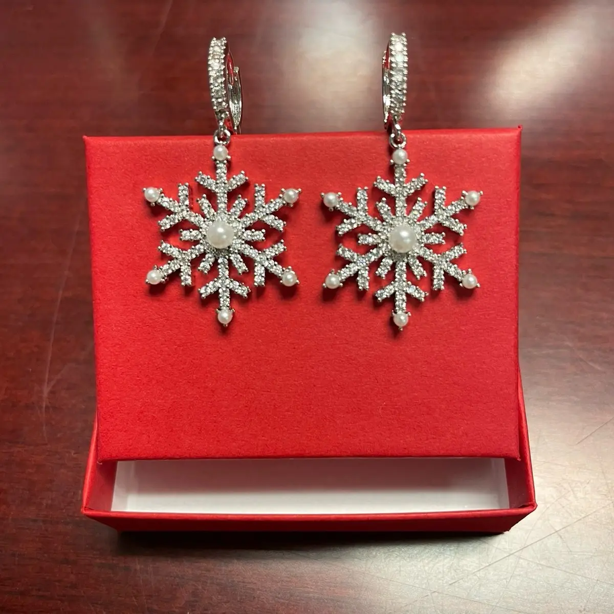 Silver Snowflake Dangle Earrings Imbedded with Zirconia and Faux Pearls