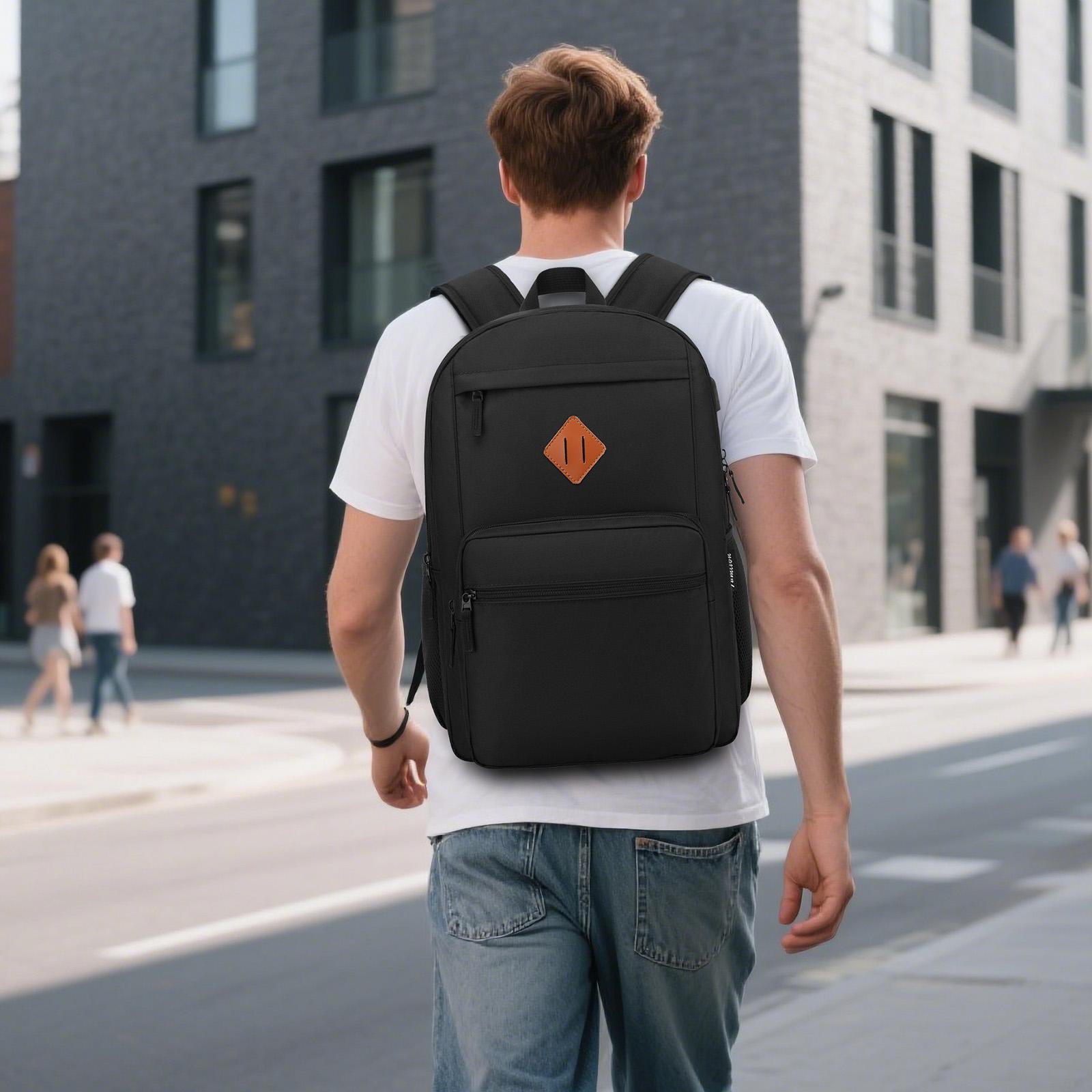 15.6" Laptop Backpack Waterproof with USB Charging Port Headphone Jack Luggage Strap Multiple Compartments for School Work Travel Durable Nylon Laptop Backpack with 3 Roomy Compartments & Luggage Strap for Business Trip