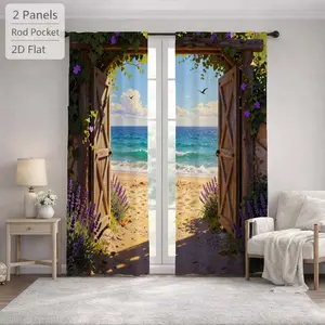 2Pcs Coastal Landscape Beach Seascape Window Sun Blocking Curtains Digital Printed Rod Pocket, Treatment For Bedroom Office Kitchen Living Room Study Home Decor