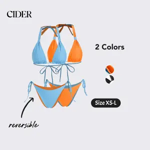 Women's 2 Piece Bikini Set Reversible Sleeveless Halter Neck Bra and Low Waist Briefs Bathing Suit Double sided wearable bikini