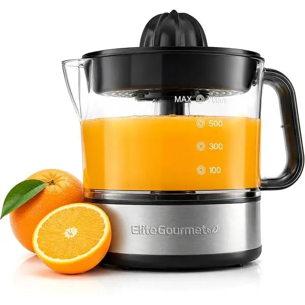 Elite Gourmet ETS623 Electric Citrus Juicer, 24 oz, Black/Stainless Steel | BPA-Free 40-Watt motor, compact large-volume pulp control - juices oranges, lemons, limes & grapefruits, easy-pour spout