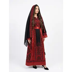 Black & Red Embroidered Thobe Dress with Tarha & Satin Belt