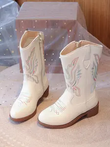 Western Cowboy Embroidered Mid-Calf Boots, Glossy Glitter Anti-Slip Soft Sole, Unisex Retro Stage Shoes, Easy Slip-On, Versatile Use