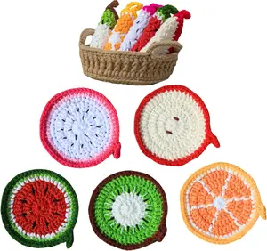 Yarn Coasters with Storage Basket  5-Pack Soft Crochet Drink Coasters  Washable, Durable    for Coffee Lovers, Housewarming, Birthday (Fruit)