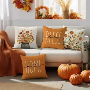 4pcs Thanksgiving Pillow Set, American rustic retro pottery jar bouquet single-sided printed cushion set, Sweet Home Autumn Harvest Home Decoration Pillow Set, 18x18 inches, used for Thanksgiving farmhouse home sofa decoration (no pillow core)