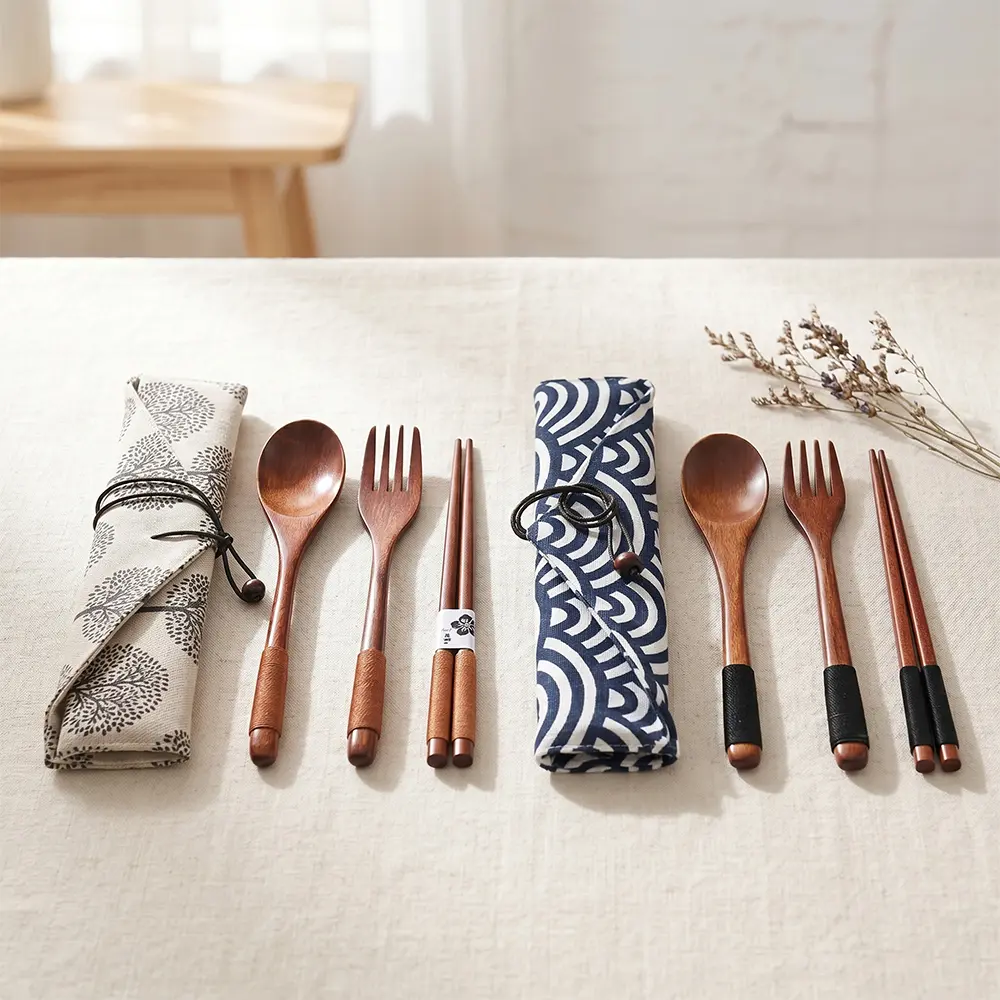 Japanese Style Reusable Utensil Set - 2 Wooden Chopstick Pairs, 1 Spoon, 1 Fork with Storage Pouch, Ideal for Travel, Perfect as Mini Party Bag Gifts (Cutlery Set for Home/Office Use)