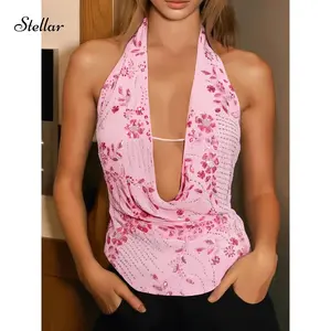 Women´s Summer Halter Neck Sleeveless Open Back Sequin Flower Tank Tops For Beach Vocation Womenwear