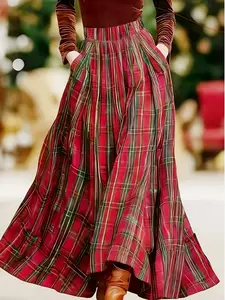 Elegant Plaid A-Line Lady Maxi Skirt for Women, Loose Fit Spring Summer Half-Length Dress, Fashionable Casual Womenswear