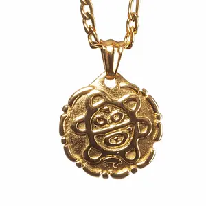 Papiichulo Gold Puerto Rican Yo Soy Taino Pendant Necklace Reversible Coqui & Sun/Moon Pendant Necklace Figaro Chain Tribal Jewelry Culture