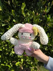 Handmade Crochet Pink Bunny Plushie with Flower - Soft-Material Toy, Cute Design, Ideal for Home Decor or Gifting