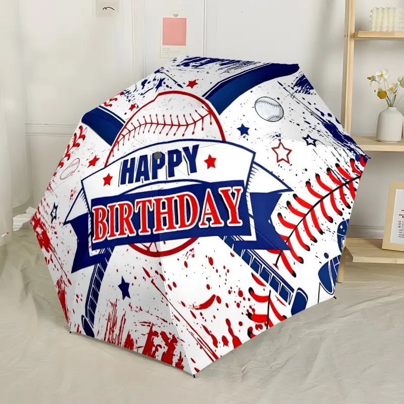 Baseball Theme Automatic Umbrella with Happy Birthday Bat Design, 8-Rib Foldable Portable Rain and Sun Umbrella for Men and Women