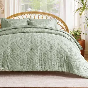 Boho Comforter King Size 7, Tufted Comforter with, Embroidery, Microfiber Complete, Sage Green, 90"x104"