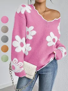 Women's Floral Pattern Scallop Trim Drop Shoulder Sweater, Casual Long Sleeve V Neck Jumper for Fall & Winter, Fashion Ladies' Knitwear for Daily Wear