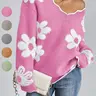 Women's Floral Pattern Scallop Trim Drop Shoulder Sweater Pullovers, Casual Long Sleeve V Neck Jumper for Fall & Winter, Fashion Ladies' Knitwear for Daily Wear