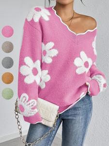 women's floral pattern scallop trim drop shoulder sweater, trendy casual long sleeve v neck jumper for fall & winter, fashion ladies' knitwear for daily wear, womenswear