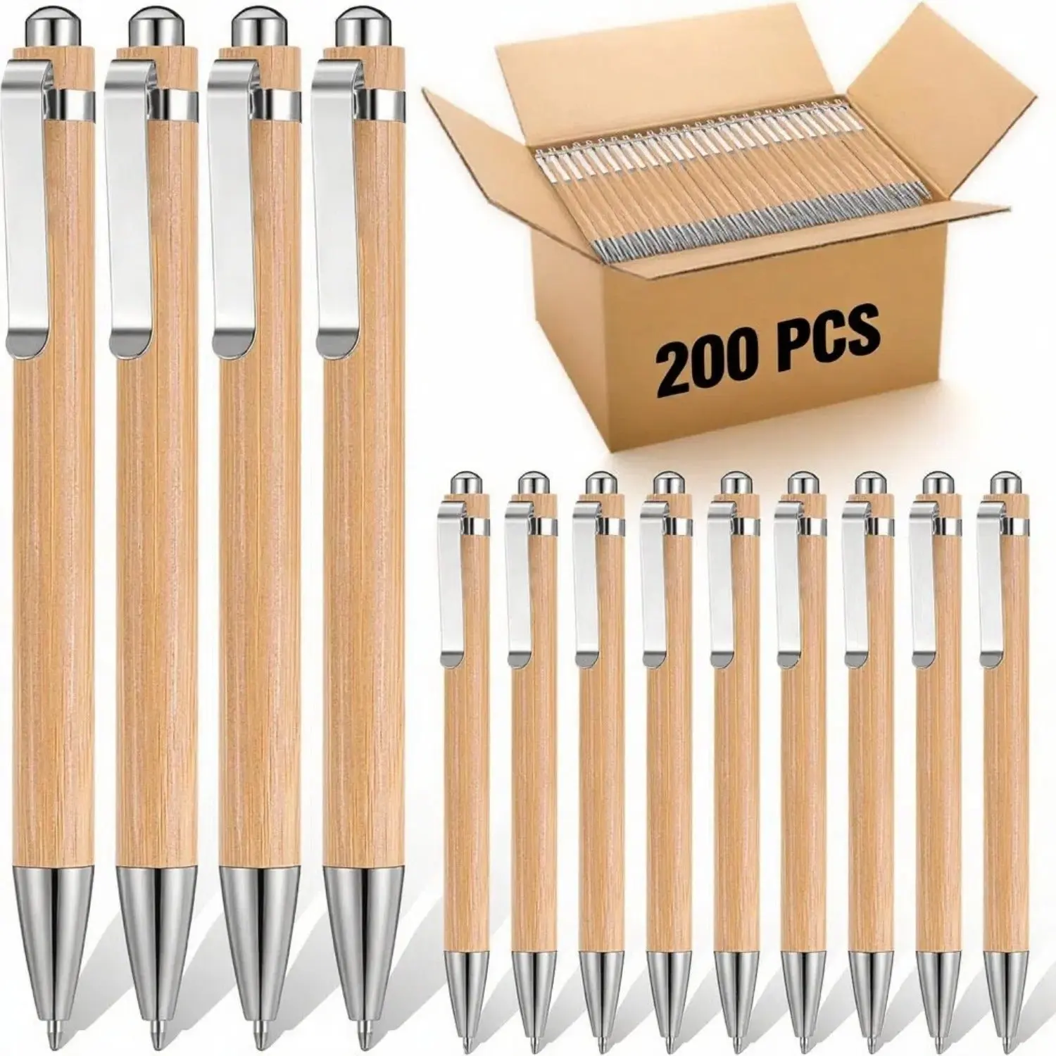 200pcs Eco-Friendly Minimalist Bamboo Retractable Ballpoint Pens - 1mm Medium Point, Smooth Writing, Laser Engravable, Customizable Wood Grain Office Stationery, 5.51 inches Long, Cost-Effective Bulk Promotional Gifts for Colleagues, Durability, Corporate