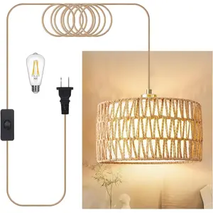 Plug-in Pendant Rattan Hanging Light with Plug-in Cord, 2-in-1 Woven & Fabric Lampshade for Bedroom Living Room Kitchen Island (Bulb Included)