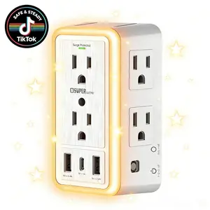 USB Wall Charger Surge Protector, Super Electro 6 Outlet Extender with 3 USB Charging Ports (5V 3.4A Total) and Night Light, 3-Sided 1500J Multi Plug Wall Outlet for Home, Office, ETL Listed
