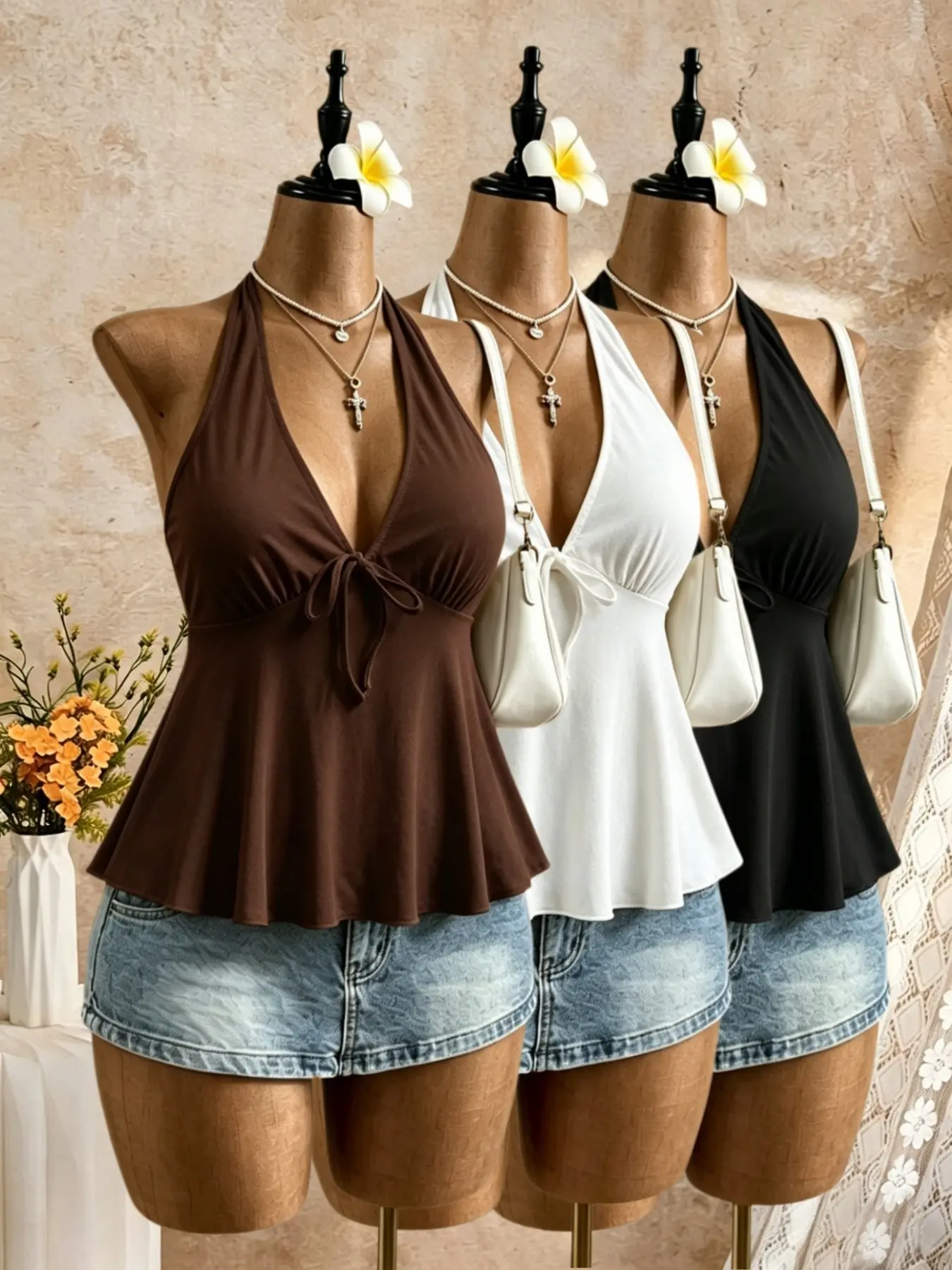 Women's Halter Neck Tank Top Set, Deep V-Neck Tie Front Ruffle Backless, Summer Casual Sleeveless Blouse Fit, Y2K Beach Vacation