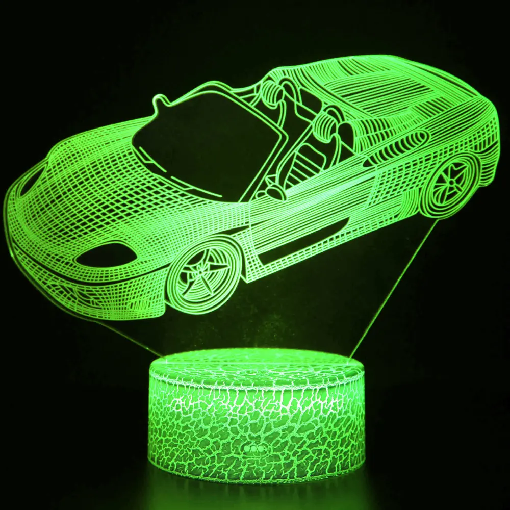 3D Sports Car Night Light with Remote Control, 16 Color Changing Optical Illusion Acrylic Light with Crackle Base, USB Powered Room Glow Gift for Boys Men Birthday