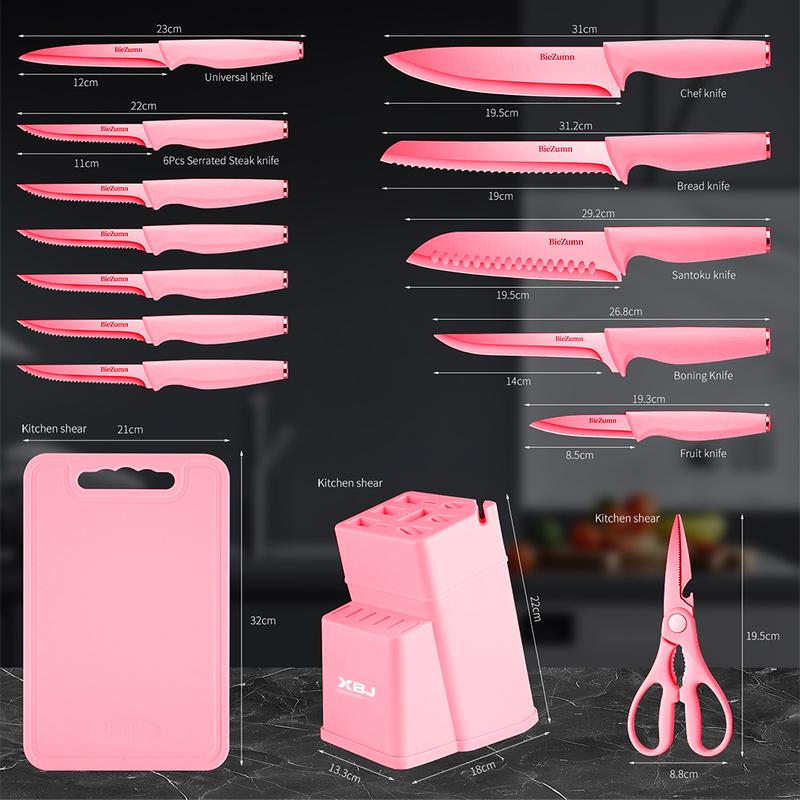 XBJ Knife Set with Knife Block, 15-Piece Rainbow Titanium Knife Block Set, Cooking Steak Knife Set with Black Handles.