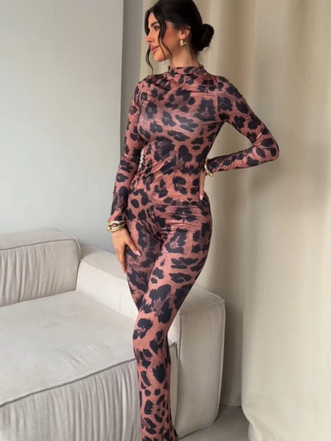Lady's 2-Piece Turtleneck Sheer Animal Print Casual Set - High Neck Long Sleeve Fitted Top & Bottom, Leopard Snake Print Women's Clothing Suit