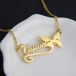 AS060 DIY Stainless Steel Ribbon Butterfly Necklace Couple English Letter  Custom Necklace