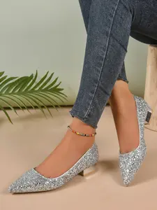 Shiny Sequined Toe Cap Design, Low Chunky Heel Comfortable Walking Shoes, Silver Color Elegant & Luxurious, Perfect for Parties