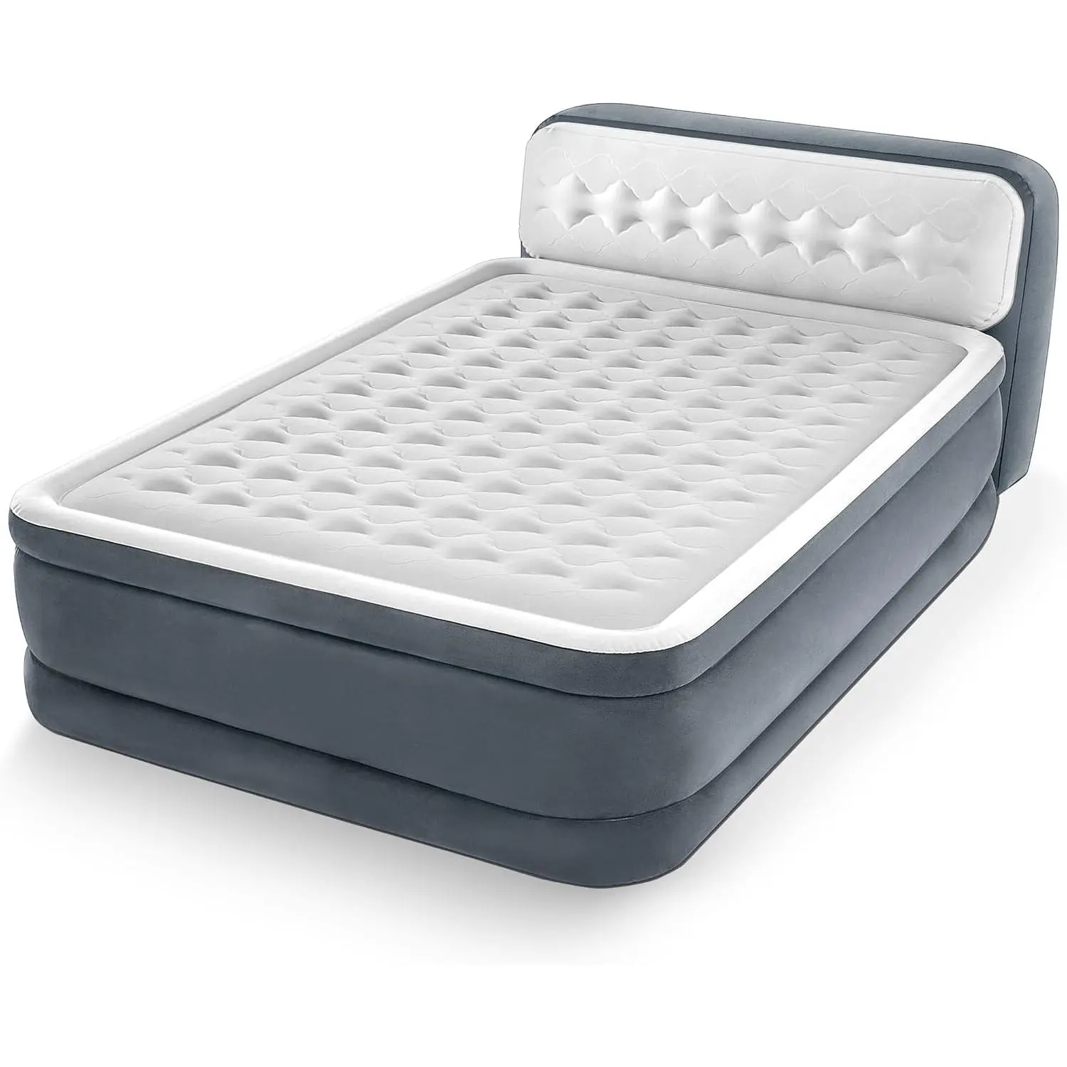 Deluxe Ultra Plush Air Mattress with Headboard: Fiber-Tech – Queen Size – Built-in Electric Pump – 18in Bed Height – 600lb Weight Capacity, Lumbar Support, High-Strength Polyester Fibers, Improved Full Body Support