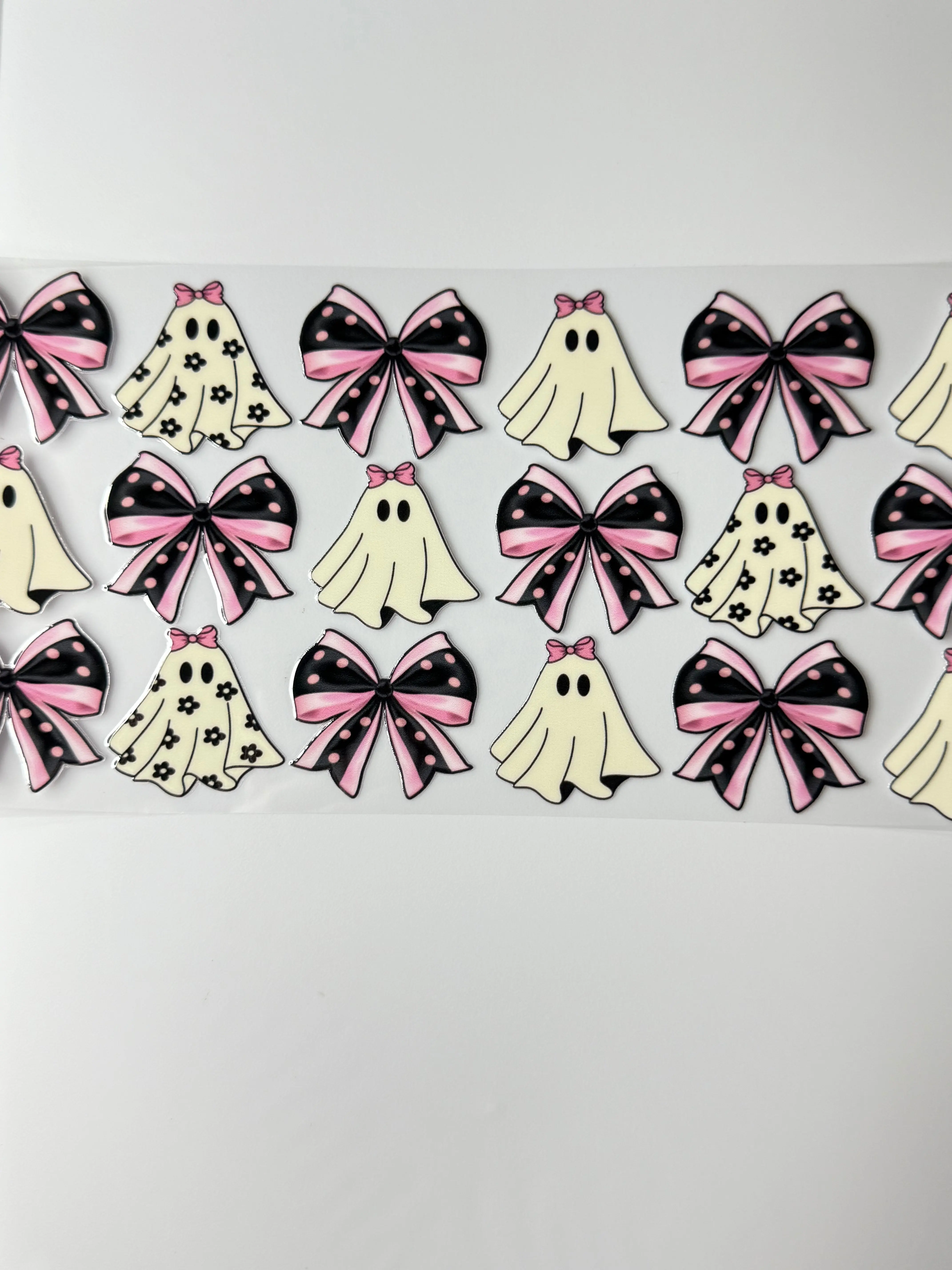 C67- Cute White/Pink/Black Ghosts, and Bows 16OZ UV DTF Transfer Wrap/Sticker for Cup/Tumbler