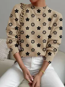 New Fashion Women's Floral Printed High Neck Long Sleeve Sweater Knitwear, Fitted Warm Versatile Casual Top, Chic Elegant All Seasons Wear