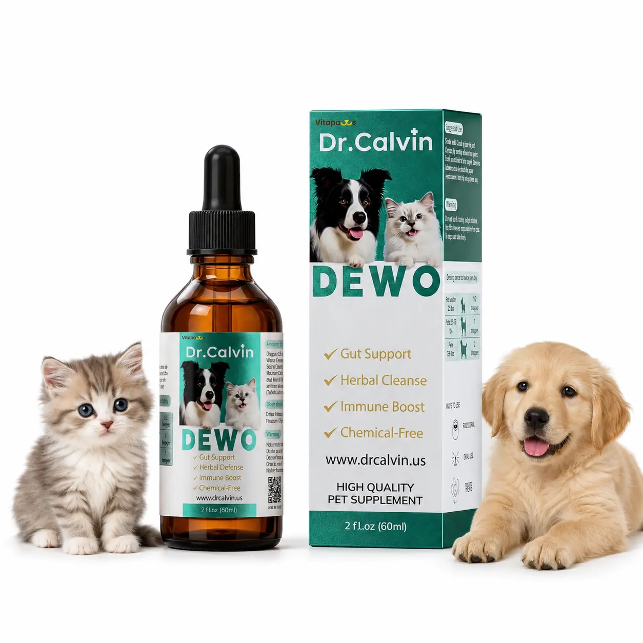 Dr. Calvin DEWO Herbal Cleanse Drops for Dogs & Cats - 2 fl oz Liquid Botanicals Gut Health Digestion Aid, Pumpkin Seed, Black Walnut & Oregano Intestinal Support with Easy Dropper
