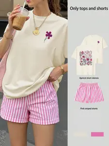 Women's Floral Print Round Neck T-Shirt Set with Striped Shorts, Casual Loose-Fitting for Daily and Everyday Wear and Outdoor Activities