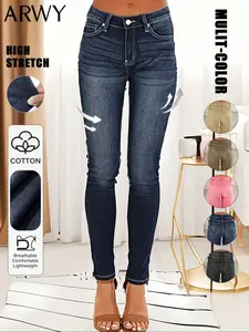 Women's Vintage American Style Washed Denim Jeans, Slim Fit Ripped Design, Casual Fashion Pants for Women Daily Wear &