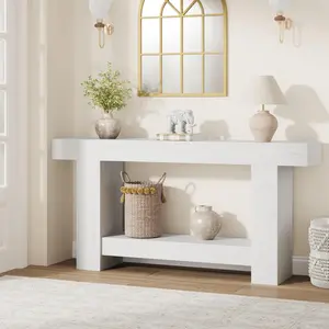 Garvee 63 Inch Farmhouse Console Table, 2-Tier Entryway Table with h-Shaped Base, Narrow Long Sofa Table, Wood Hallway Accent Table for Entry, Living Room, White