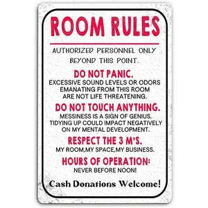 Fmcmly Metal Signage, Vintage Teen Room Rules Sign, 8x12 Inch Art Poster, Funny Decorative Signage for Bedroom Door