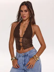 Women's Fashion Floral Lace Transparent Deep Neck Cross Strap Top, Unique Front Buckle Short Sleeve Blouse, Stylish Summer Wear