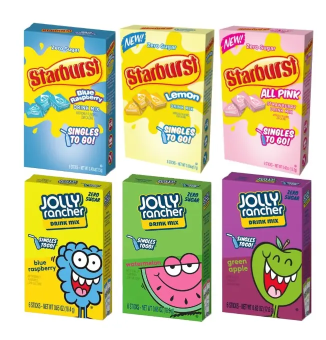 SINGLES TO GO! Jolly Rancher & Starburst Drink Mix Variety - Pack of 3 | 6 Servings Each, 18 Total Servings - Blue Raspberry, Watermelon and Green Apple - Sugar Free Drink Mix - Just Add Water