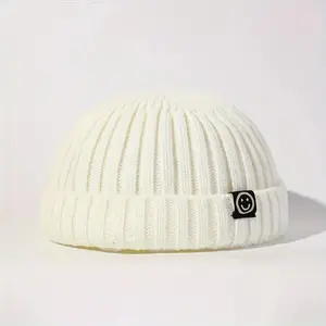 Unisex Wool Knitted Winter Beanie - Pure White Round Skull Cap with Black Joyful Label-Like Patch, Soft Warm Foldable Earless Design, No-Sew Label Slot, for Cold Weather Casual Wear