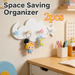 2pcs Dreamy Star Moon Cloud Hooks, No Drilling Strong Load Capacity, Cute Cartoon Decor, Key Holder, Bathroom Towel Hook, Kids Room Wall Storage
