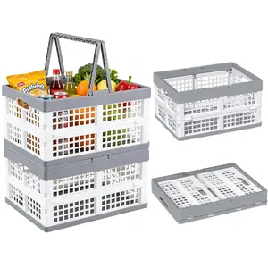 15L Plastic Collapsible Storage Basket – Folding Stackable Container for Pantry, Freezer, Car Trunk & Supermarket Shopping – Portable Space Saving Bin – White