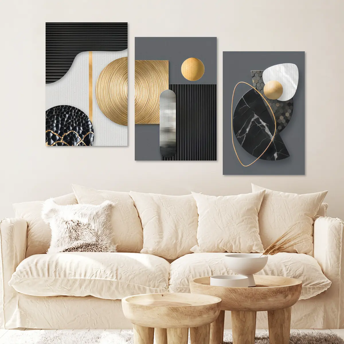 2D Flat, 3pcs Wooden Framed Canvas Wall Art - Modern Abstract Decor with Geometric Shapes, Golden Accents & Marble Texture, High-Definition 8K Print, Odorless & Waterproof, Perfect for Living Room, Be