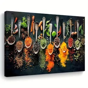 1pc Wooden Framed Canvas Wall Art Print, Herbs and Spices Theme, Ideal for Living Room, Bedroom, Kitchen, Office Decor, Unique Christmas Gift, Single Party Wall Hanging
