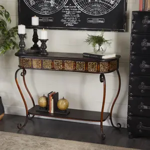 Floral Brown Metal Embossed Living Room Console Table with Ornate Scroll Legs
