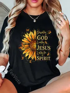 100% Cotton Unisex Blessed By God - Loved By Jesus, Sunflower T-Shirt