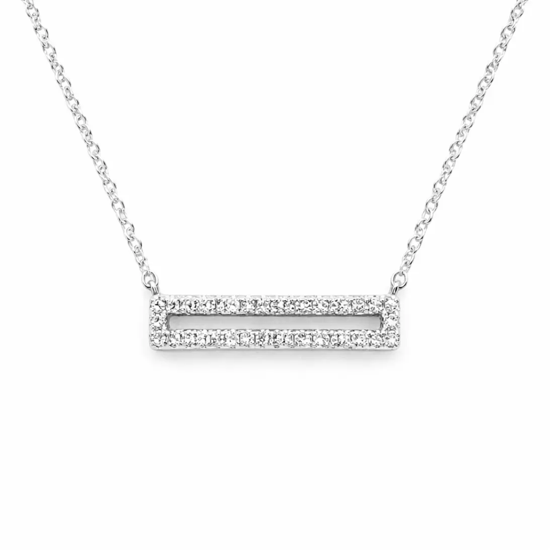 Diamond Pavé Bar Necklace – 14K White Gold Diamond Bar Pendant, 15in