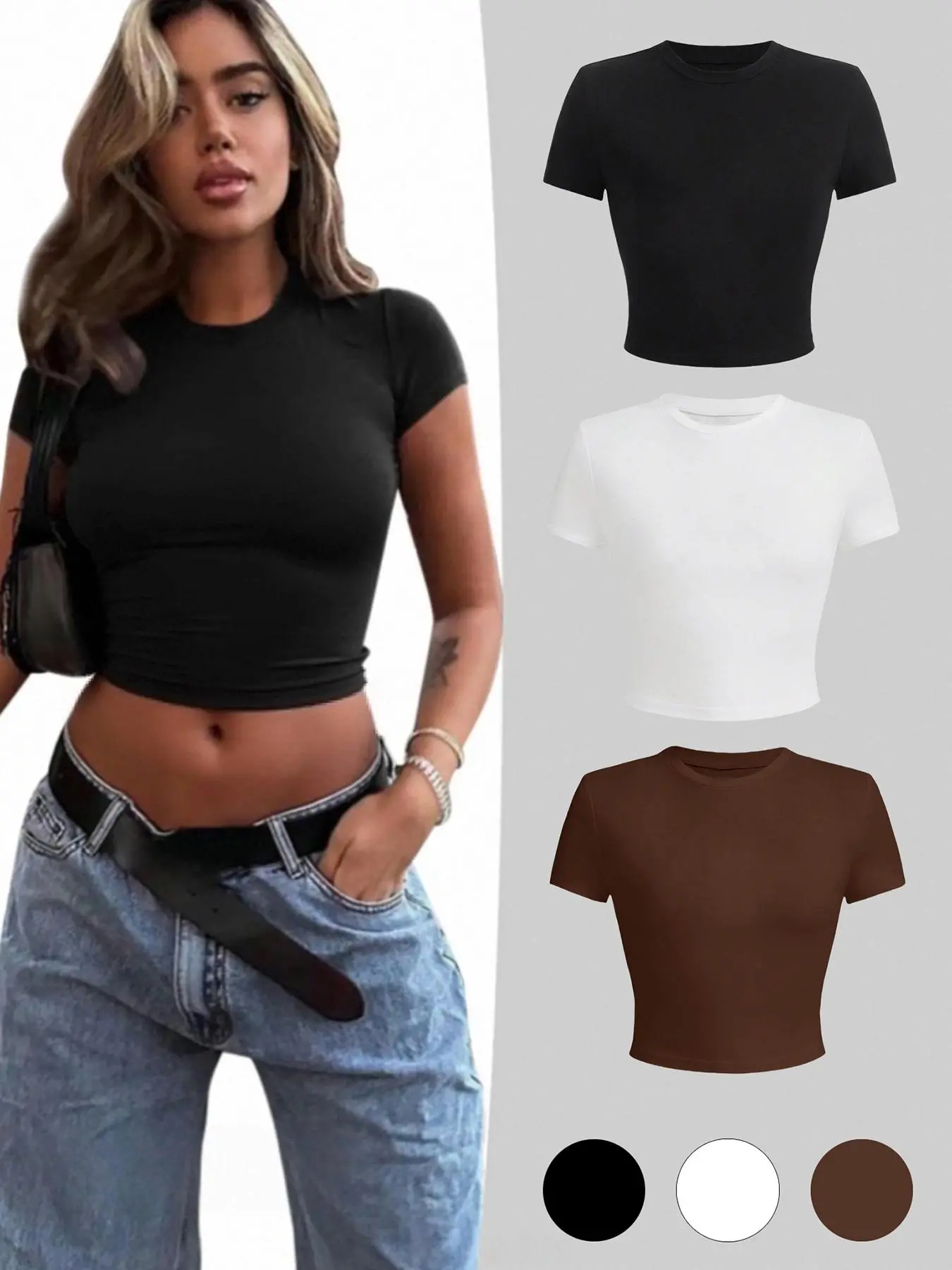 Women's Solid Round Neck Crop Tee, Basic Casual Comfy Stretchy Chic Slim-fitting Short Sleeve T-shirt, Ladies Summer Clothes for Daily Wear, Casual Cropped Top, Top, Womenswear, Apparel T Shirt