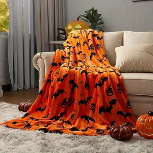 Ghost Halloween Blanket Reversible Pumpkin Print Fleece Throw Blanket, Super Soft Warm Cozy Fall Blanket For Couch Sofa Bed, Halloween Harvest Gifts And Home Decor-OCloud-Soft, Floral-Printed, Gold-Trimmed Luxury