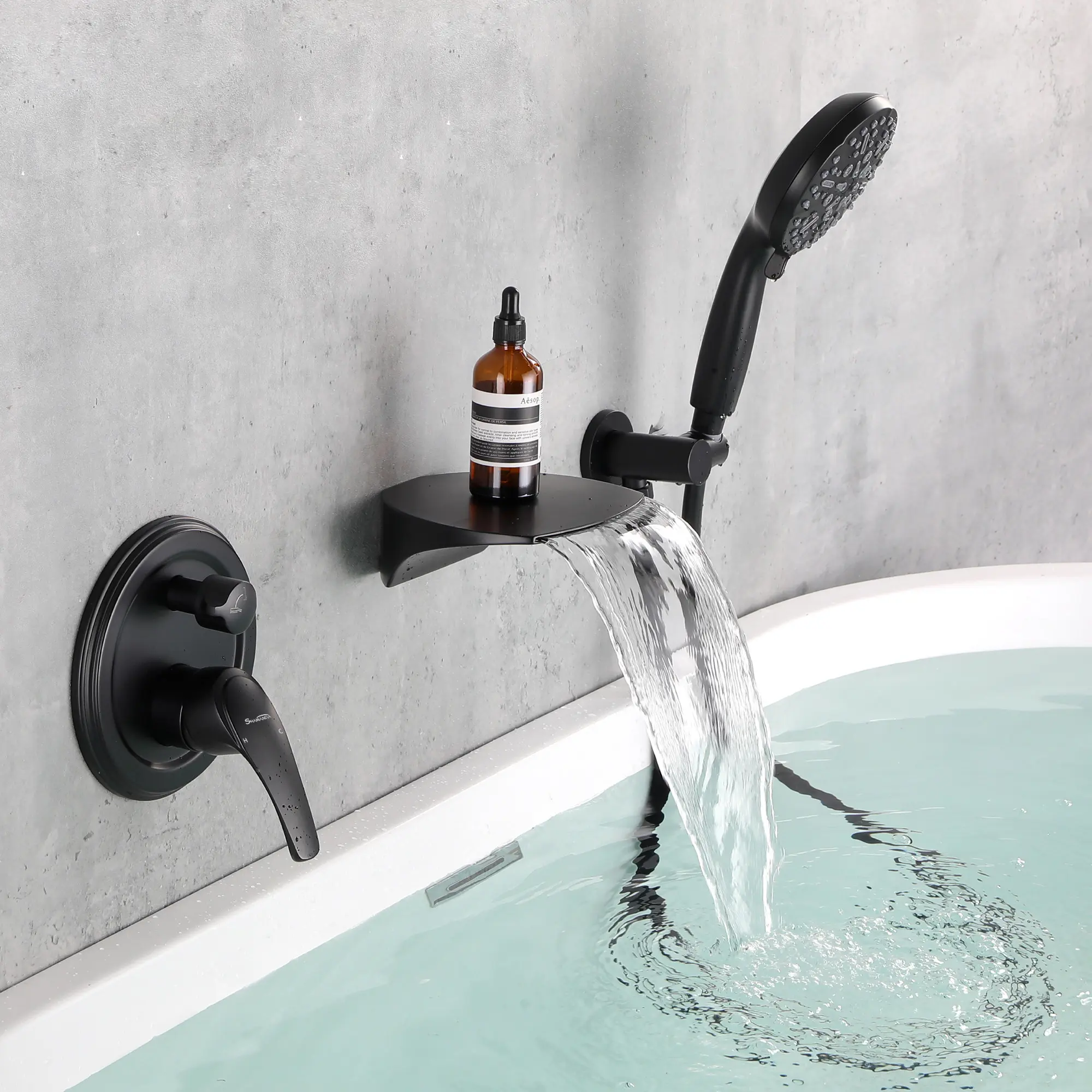 Black Bath Filler with Waterfall Outlet, Brushed Nickel Wall Mounted Bathtub Waterfall Faucet, Brushed Gold Hot & Cold Water Mixer Tub Faucet with Pull Out Sprayer