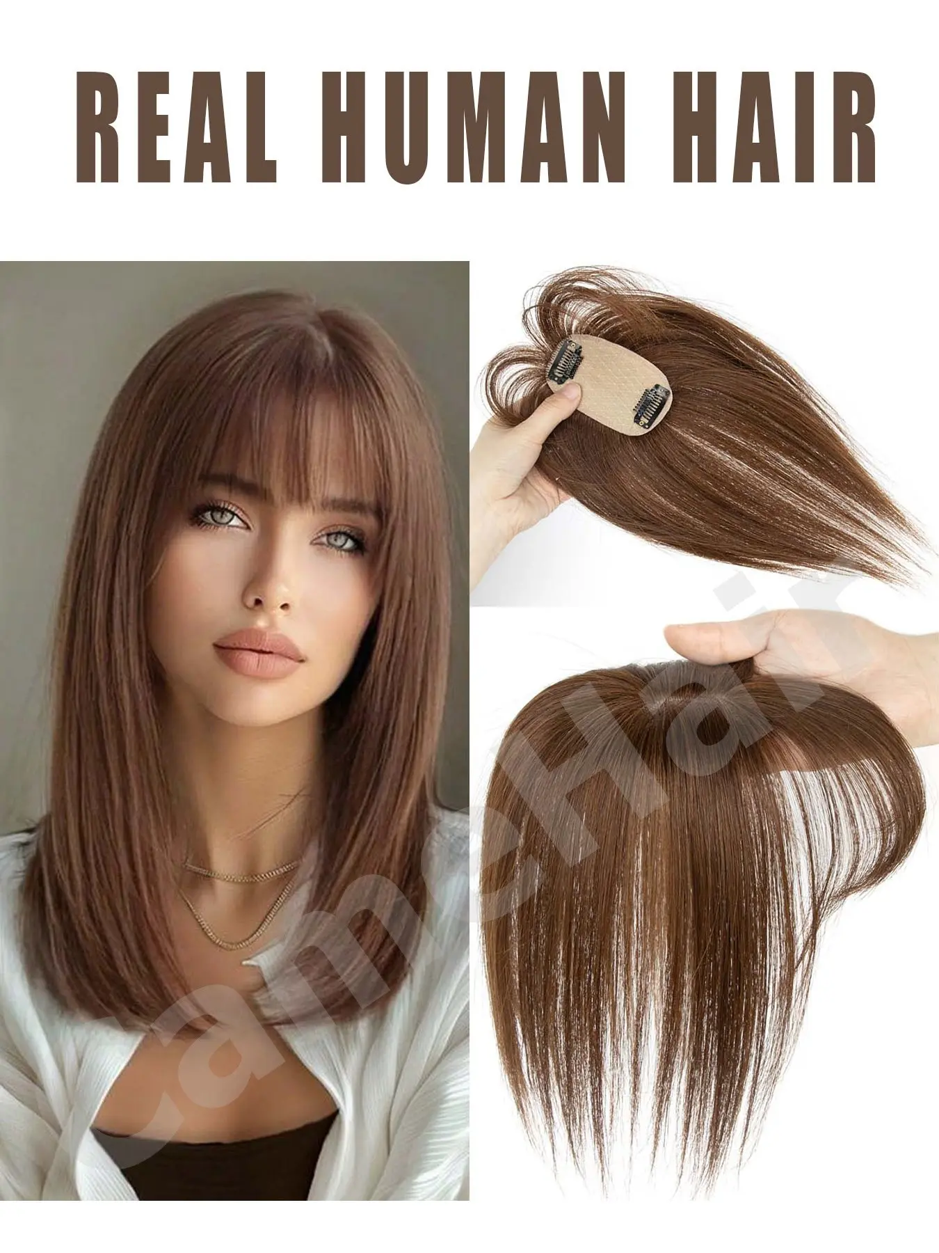 Hair Toppers for Women Real Human Hair Clip in Bangs, Glueless Bangs Wig, With Bangs Natural Scalp Thinning or Loss Top Pieces Wig Topper Cover Gray Roots Add Volume Brown Natural Black